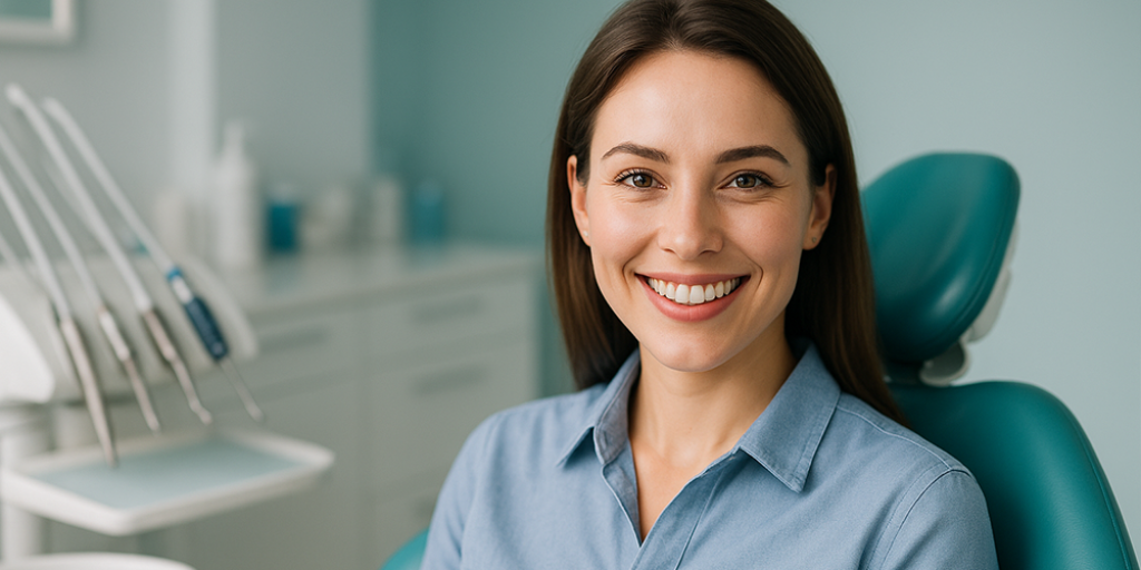 Lächelnde Frau auf dem Zahnarztstuhl