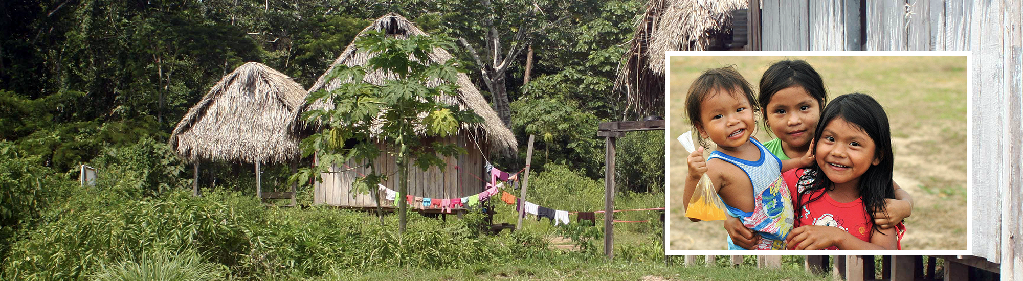 Ein großes Bild von einer Hütte im Regenwald, ein kleines Bild in dem Großen Bild, welches Kinder zeigt. 