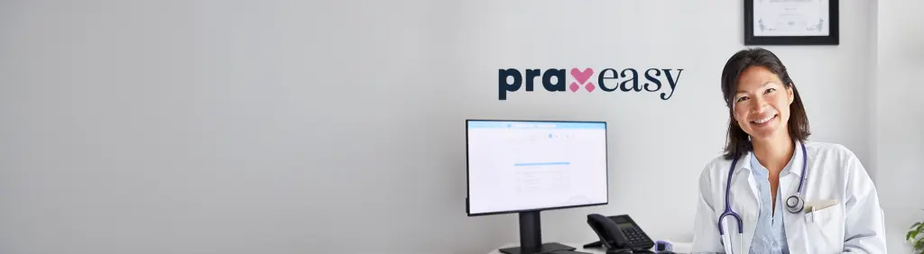 Ärztin in Praxis und praxeasy-Logo / MLP