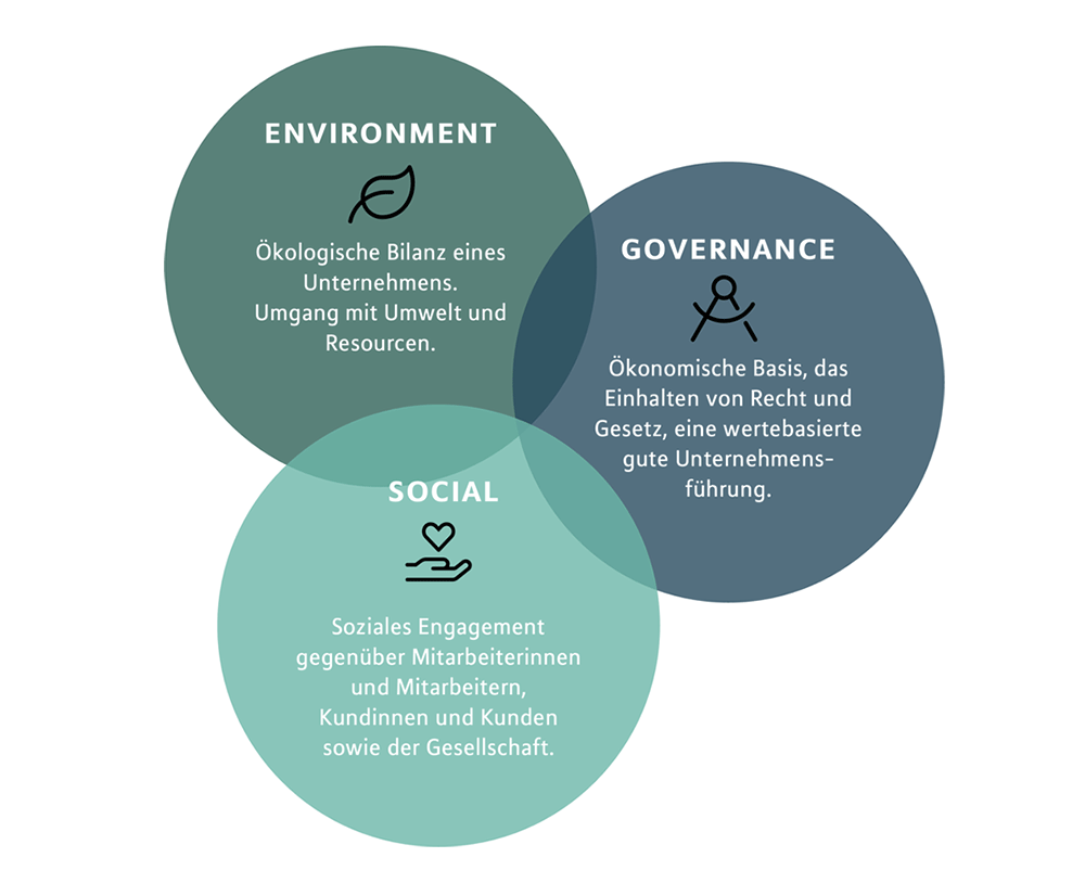  Darstellung der ESG in Kreisen - Environment (ökologisch), Governance (ökonomisch) und Social (sozial)