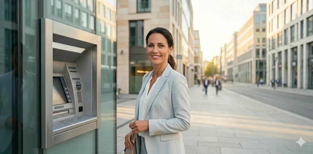 Frau an einem Geldautomaten / MLP