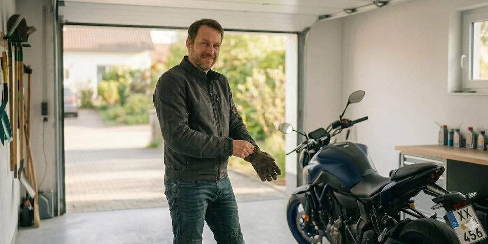 Ein Motorradfahrer in einer Garage / MLP