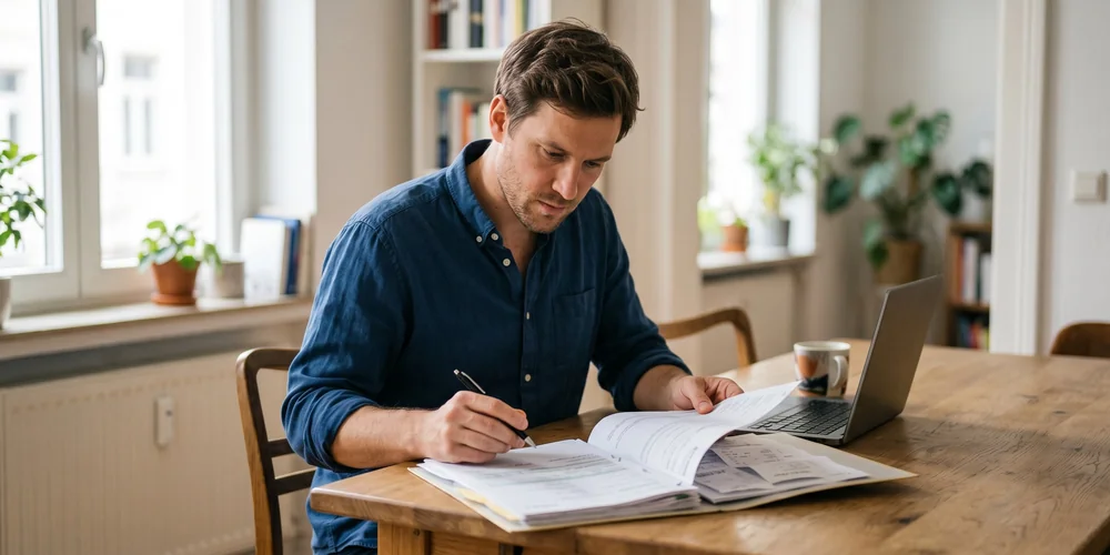 Mann sitzt am Schreibtisch und prüft Unterlagen für seine Steuererklärung – Tipps zur Steuererklärung für Arbeitnehmer / MLP