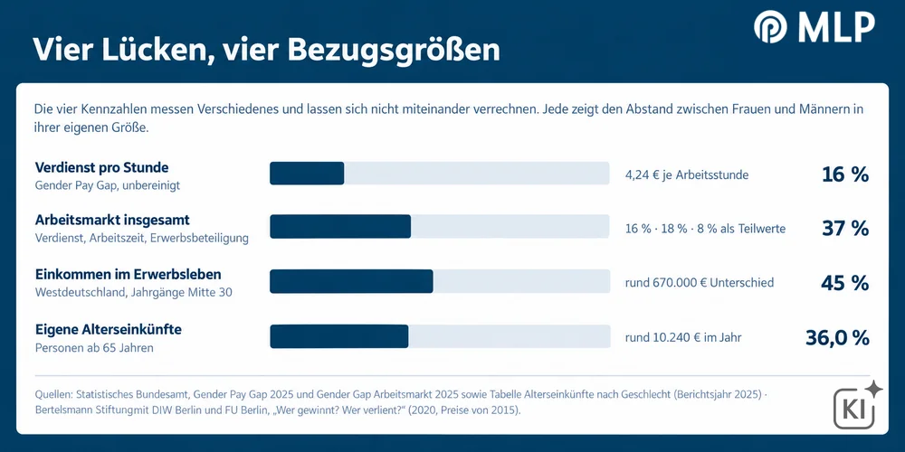 Vier Kennzahlen zum Gender Pay Gap mit ihren Prozentwerten und den absoluten Beträgen dahinter.