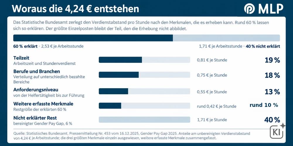 Zerlegung der Verdienstlücke von 4,24 € je Arbeitsstunde nach Teilzeit, Berufen und Branchen, Anforderungsniveau und nicht erklärtem Rest.